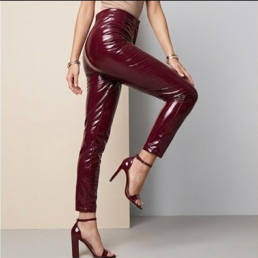 Spanx Faux‎ Patent Leather High Rise Leggings Women's M Ruby Burgundy Wine